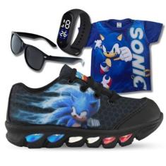 tenis de led infantil masculino sonic preto com luzinha meninos mais camisa com relogio e oculos-Masculino