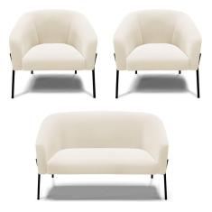 Sofá Namoradeira E 2 Poltronas Pé De Ferro Preto Stella Veludo D03 - D'rossi Cor Bege