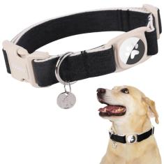 DOGWONG Coleira de algodão e cânhamo AirTag, coleira resistente com suporte para airtag, tecido natural preto, colar de cachorrinho fofo para cães pequenos, médios e grandes