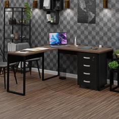 Conjunto de Escritório Escrivaninha em L e 150cm Gaveteiro Volante - N