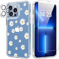 bicol Capa para iPhone 13 Pro Max com protetor de tela e lente de câmera - Design floral de flores elegantes para mulheres e meninas - Capa de telefone transparente de acrílico à prova de choque de