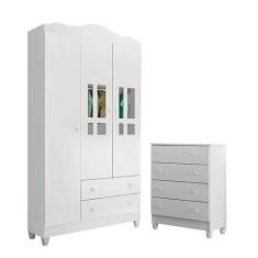 Cômoda Gaveteiro e Guarda Roupa Ariel Branco Brilho - Carolina - Carol