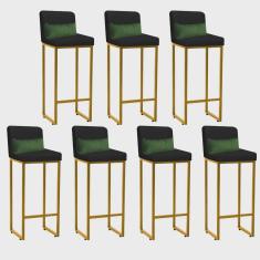Kit 07 Banqueta Alta com Encosto Lucca Industrial Cozinha Balcão Ferro Dourado Suede Preto e Almofada Verde - Ahazzo Móveis