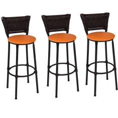 Kit 3 Banquetas Médias Preta com Encosto Junco Argila Assento Laranja