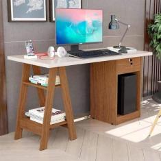 Mesa De Computador Pote Off White E Canela