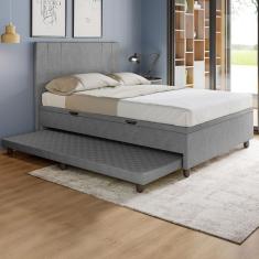 Base Cama Baú Casal Com Cama Auxiliar C/colchão Conjugado Veludo - Skybox Cor Cinza