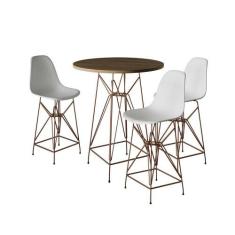 Jogo Mesa Bistrô Eames Tampo Amêndoa 60Cm 3 Banquetas Branca Base Ferr