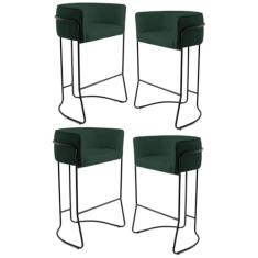 Kit 4 Banquetas Decorativas Base Aço Preto Betina B-303 Veludo Verde Musgo - Domi