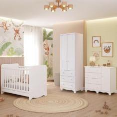 Quarto Bebê Completo Berço Americano Ben 3 em 1 Guarda Roupas 2 Portas Cômoda Junior 100% Mdf