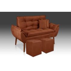 Kit 01 Namoradeira + 02 Puff Quadrado +02 Almofadas suede  Terracota -