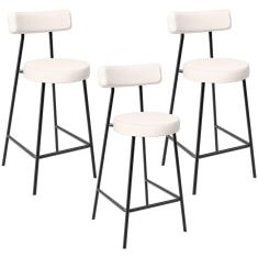 Kit 03 Banquetas Baixa Para Cozinha Sala De Jantar Bancada Milão L02 Linho Cru