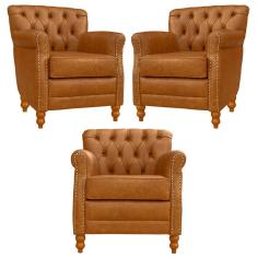 Kit 03 Poltronas Decorativas Sala de Estar Níger Pés Madeira Couro Mel - Gran Belo