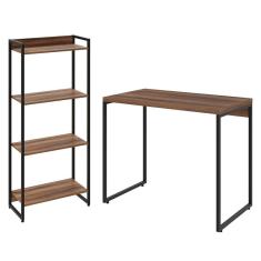 Kit Para Escritório Estante 4 Prateleiras Mesa 90Cm Nogal