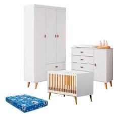Quarto de Bebê Duda com Berço Americano Ligia Branco Acetinado Bétula e Colchão Ortobom - Carolina Móveis