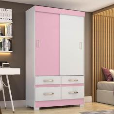 Guarda Roupa Flex 2 Portas de correr 4 gavetas - Branco/Rosa-Chá