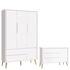 Cômoda Infantil Com Porta E Guarda Roupa 3 Portas Theo Branco Acetinado Pés Madeira Natural - Reller