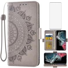 Asuwish Capa de telefone para Samsung Galaxy S22 Ultra 5G capa carteira protetora de tela de vidro temperado suporte de cartão de crédito alça de pulso suporte acessórios para celular S22ultra 22S S