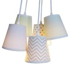 Lustre Pendente Luminária Cacho 5 Cúpulas Tecido Chevron Bege e Verde 