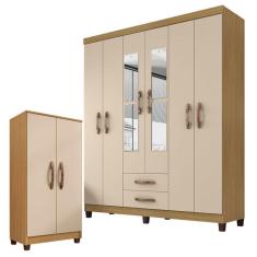Guarda Roupa Casal Modena 6 Portas de Bater 2 Gavetas MDP com Espelho Carvalho Americano Off White Incorplac Móveis