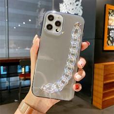 Pulseira de pulso cristal transparente de luxo com corrente para iPhone 11 13 14 Pro XR Xs Max 12mini SE2 6 7 8 Plus Capa de silicone macio, cinza, para iPhone 12