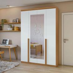 Guarda Roupa Solteiro Ambiente Alonzo 4 Portas Amêndoa Clean Branco com Espelho - Lopas