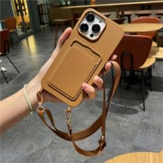Inserir saco de cartão capa de telefone macio para iphone 11 13 12 14 pro max xs xr 8 7 plus se crossbody cordão corda capa, marrom escuro, para iphone 12pro max