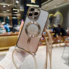 Capa magnética com glitter gradiente de cordão crossbody para iPhone 15 14 13 12 11 Pro Max Plus chapeamento capa traseira de TPU macio, dourada, para iPhone 11 Pro