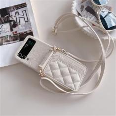 Capa de telefone com suporte para cartão de carteira com cordão crossbody para Samsung Galaxy Z Flip 5 4 3 Flip5 Flip4 Flip3 5G Bolsa capa de couro, branca, para Galaxy Z Flip 4