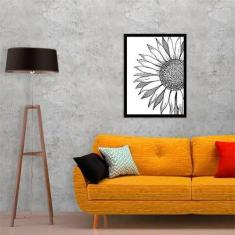 Quadro Decorativo Girassol Preto Branco 45x34 Moldura Preta - Quadros 