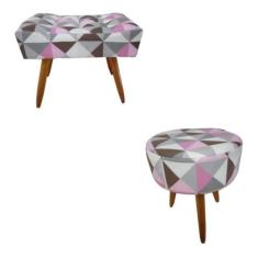 Kit Puff Retangular + Puff Redondo Decorativo Banqueta Pés de Madeira 