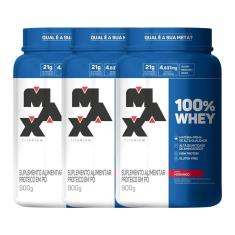 Kit 3 100% Whey Max Titanium Pote 900g Morango Suplemento