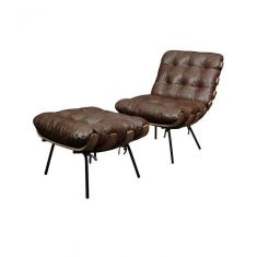 Poltrona E Puff De Couro Costela Marrom Bicolor - Mempra