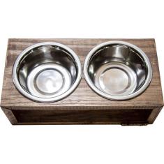 Comedouro Duplo Madeira Marrom para Cães e Gatos - Tam. Único