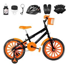Bicicleta Infantil Aro 16 + Kit Proteção Preta e Laranja