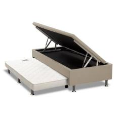 Cama Box Baú Solteiro com Auxiliar Mola Bonnel Sintético Bege 56x88x18