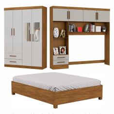 Guarda-Roupa Casal Modulado 4 Portas com Cama Hercules 4 Portas 4 Gavetas com Espelho - Cinamomo com Off White