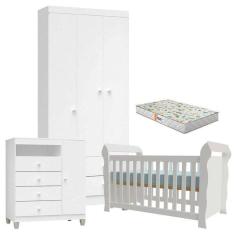 Quarto De Bebê 3 Portas Ternura Baby Com Berço Lara Branco Brilho Com Colchão Gazin - Incorplac