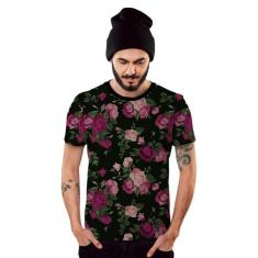 Camiseta Floral Preta e Rosa Masculina Top - Di Nuevo, P, Preto