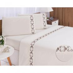 Jogo Lençol Veneza Quarto Casal Padrão Bordado 4 Peças 2fronha Cor:palha Com Chocolate