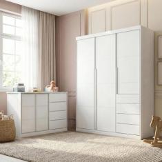 Quarto Infantil Guarda-Roupa 3 Portas e Cômoda 4 Gavetas Pérola Branco