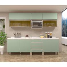 Armário de Cozinha Completa 8 Peças com Tampo Legno Crema com Verde Jade Lis Luciane Móveis