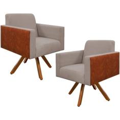 Kit 02 Poltronas Decorativa Base Giratória de Madeira Helô L02 Linho Bege Couríssimo Camel - Lyam Decor