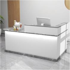 Mesa de recepção moderna com luzes e gavetas trancáveis, balcão de caixa em L, mesa de recepção de computador de madeira, mesa de recepção pequena, para escritório de checkout, salão de beleza/saguão,