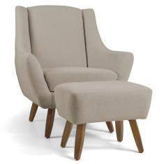 Poltrona Decorativa Fixa com Puff Pés de Madeira Juliet D02 Linho Bege C-129 - Lyam Decor