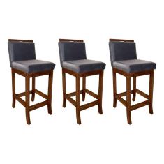Kit 3 Banquetas Médias Gourmet Estofada com Encosto 38 x 92Cm Turim Madeira Maciça Suede Cinza CCS