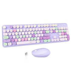 UBOTIE Combos coloridos de teclado sem fio para computador, teclas flexíveis de máquina de escrever, teclado de tamanho completo, conexão sem quedas de 2,4 GHz e mouse óptico