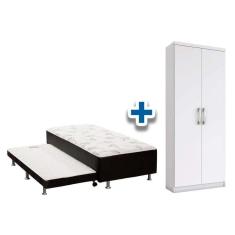 Cama Box Solteiro Conjugado Ortobom Black C/ Auxiliar + Armário Multiuso Margarida Branco
