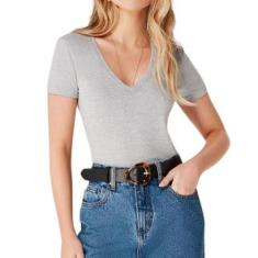 Blusa Básica Feminina Decote V Com Elastano - Azul M-Feminino