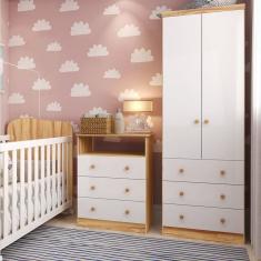Quarto Infantil com Guarda-Roupa 2 Portas 3 Gavetas e Cômoda 3 Gavetas Teka Espresso Móveis Branco Brilho/Amêndoa