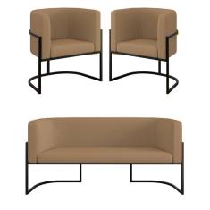 Kit 2 Poltronas Sofá 2 Lugares Base De Metal Black Veludo Capuccino